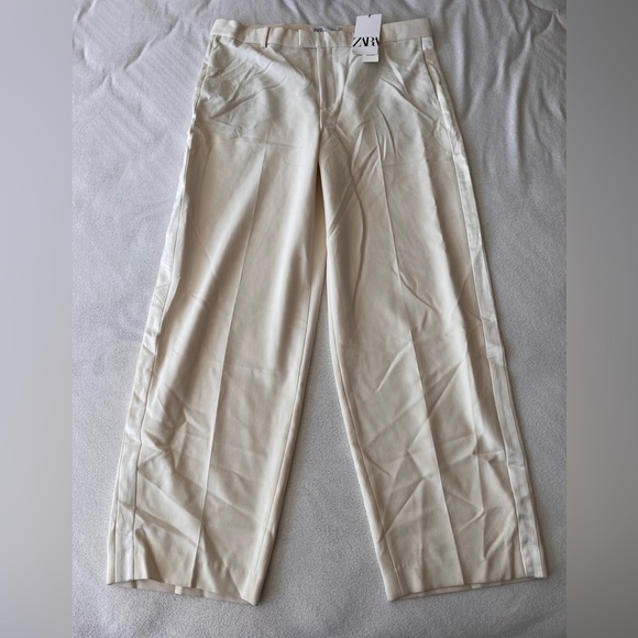 NWT Zara Oyster White Crepe Tuxedo Trouser Pant XL - Picture 2 of 12